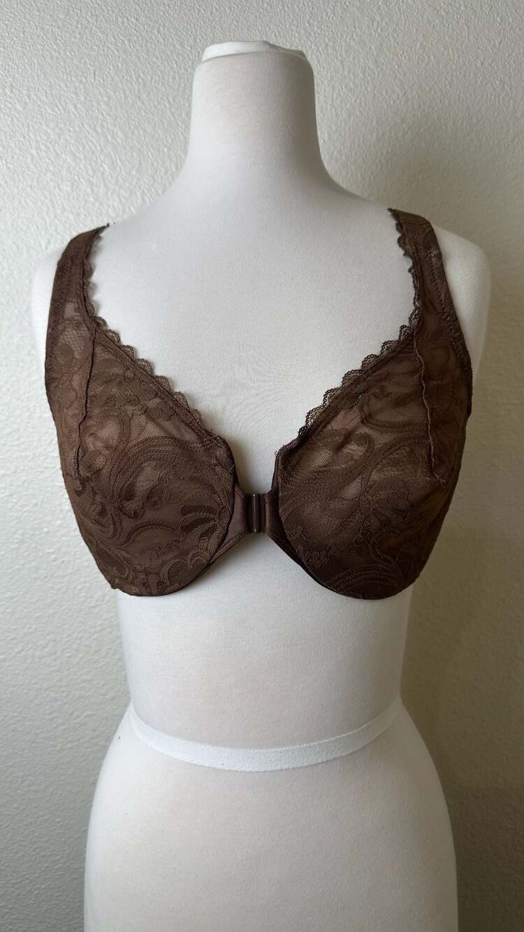 Glamorise Wonderwire Front Close Bra Size 34D Mocha Lace Underwire